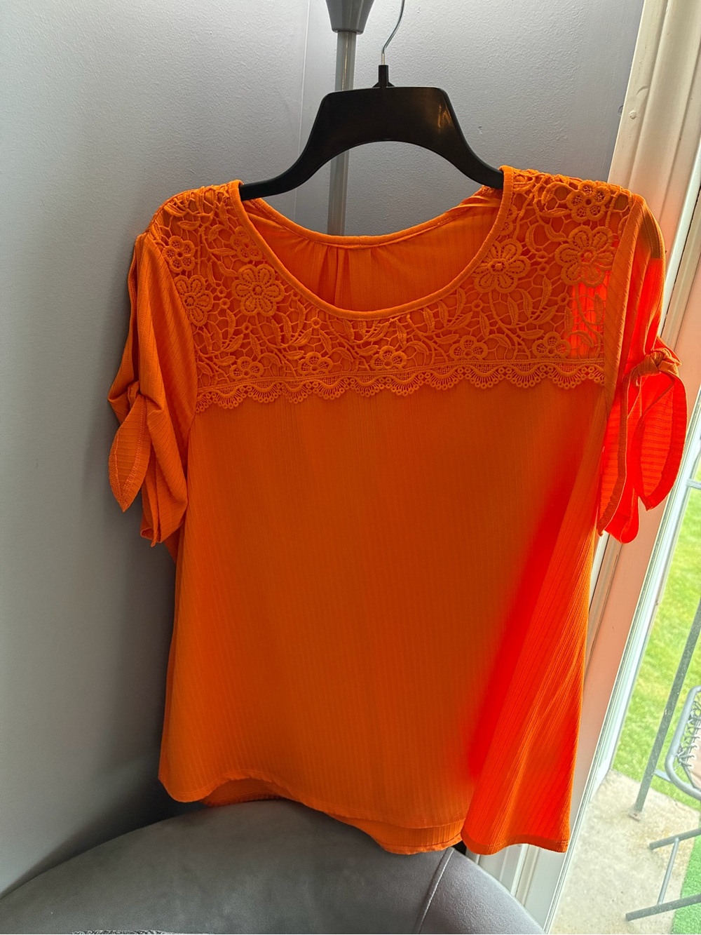 Women's Bright Orange Lace Yoke Tie-Sleeve Blouse